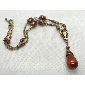 Vintage Gold Tone Beaded Y  Necklace Faux 3" Drop Pearl Adjustable 17"-21"‎